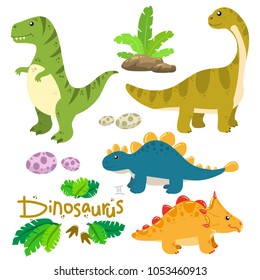 A set of funny characters, dinosaurs. Part 3. Tyrannosaurus, triceratops, kamarazavr, stegosaurus.