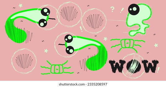 Eine Reihe lustiger Charaktere. Doodle. Die Schlange und der Außerirdische. Grüne Babyschlangen und ein winziger Alien