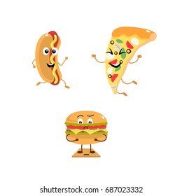 Set of funny characters from fast food. Vector illustration in cartoon style on a white background.