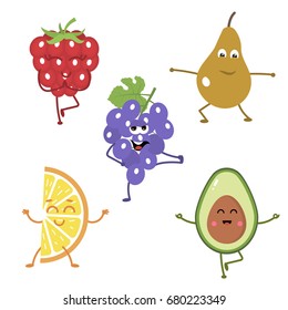 Set of funny characters from fruits engaged in yoga. Vector illustration in cartoon style on a white background.