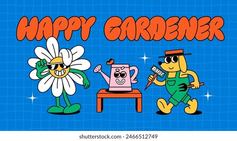 Set of Funny Characters in Garden. Retro Illustration of Cute Gardener, Daisy Flower Plant and Watering Can. Characters in Groovy Vintage Style. Garden, Gardener and Gardening Vector Stickers