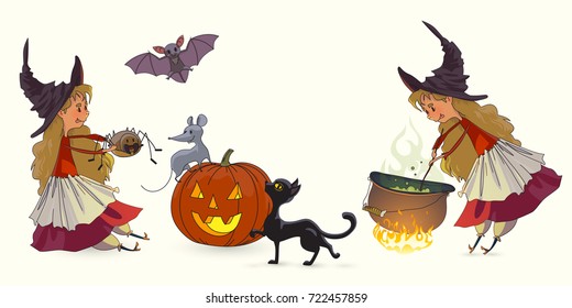 Set of funny characters for Halloween. Witch, spider, pumpkin, mouse, bat, cat, pot with a potion. Vector drawings isolated on white