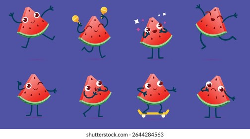 Set of funny characters made of watermelon pieces. Watermelons with emotions and different facial expressions. Cute fruits with different actions. Isolated vector character illustration.