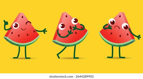 Set of funny characters made of watermelon pieces. Watermelons with emotions and different facial expressions. Cute fruits with different actions. Isolated vector character illustration.