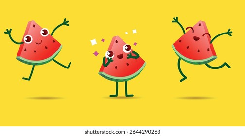 Set of funny characters made of watermelon pieces. Watermelons with emotions and different facial expressions. Cute fruits with different actions. Isolated vector character illustration.