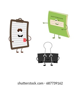 Set of funny characters from notebook, tablet, office clamp. Vector illustration in cartoon style on a white background.