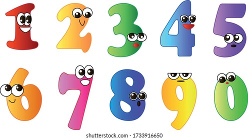 Set of funny characters from numbers with face. Vector illustration in cartoon style on a white background for kids