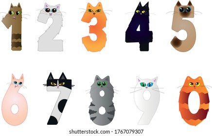 Set of funny characters from numbers with face cat and kitten. Vector illustration in cartoon style on a white background for kids