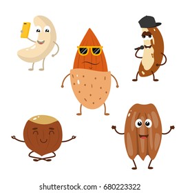 Set of funny characters from nuts. Vector illustration in cartoon style on a white background.