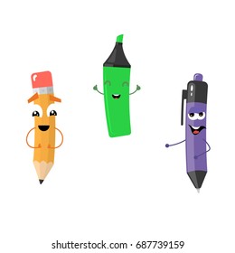 Set of funny characters from pencil, marker, pen. Vector illustration in cartoon style on a white background.