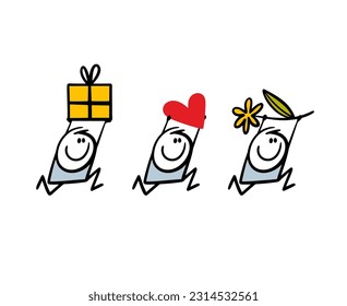 Set of funny characters running fast with gifts in rising hands. Vector illustration of romantic presents and flowers for lover from fans. Cartoon collection of stickman  isolated on white background.