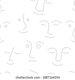 Set of funny characters, seamless abstract pattern with people. Collection of linear faces with smiles