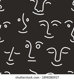 Conjunto de caracteres divertidos, patrón abstracto sin fisuras con la gente. Colección de caras lineales con sonrisas