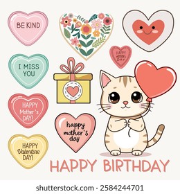 Set of funny characters in shape of heart, with festive quotes for invitation or greeting card Valentines Day, Happy mother day and happy birthday. Collection for romantic Heart symbol 