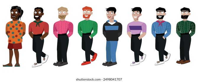 The set of funny characters. Smiling men of different races and nationalities.  Flirty mood. Asian, european black skinned, indian, latino, turkish, arab gyus. Positive dudes. Vector illustration.