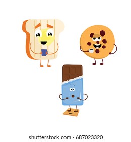 Set of funny characters from toast, biscuits, chocolate. Vector illustration in cartoon style on a white background.