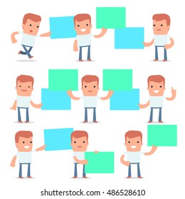 Set of Funny and Cheerful Character Casual Boy holds and interacts with blank forms or objects for using in presentations, etc.