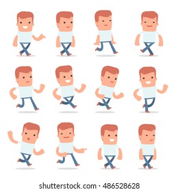 Set of Funny and Cheerful Character Casual Boy goes and runs poses for using in presentations, etc.