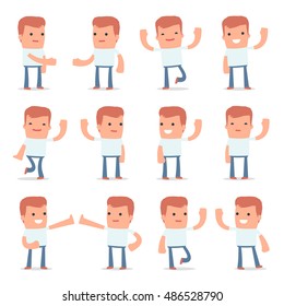 Set of Funny and Cheerful Character Casual Boy welcomes poses for using in presentations, etc.