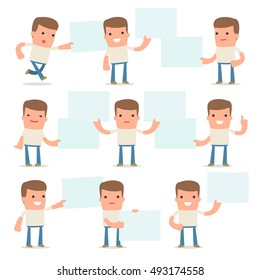 Set of Funny and Cheerful Character Customer holds and interacts with blank forms or objects for using in presentations, etc.