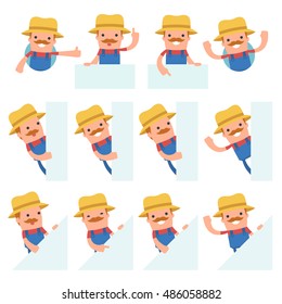 Set of Funny and Cheerful Character Farmer holds and interacts with blank forms or objects for using in presentations, etc.