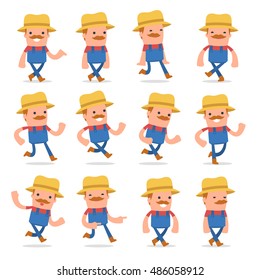 Set of Funny and Cheerful Character Farmer goes and runs poses for using in presentations, etc.