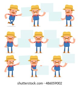 Set of Funny and Cheerful Character Farmer holds and interacts with blank forms or objects for using in presentations, etc.