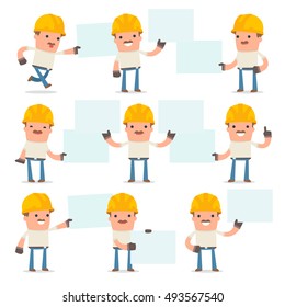 Set of Funny and Cheerful Character Handyman holds and interacts with blank forms or objects for using in presentations, etc.
