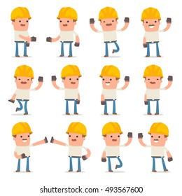 Set of Funny and Cheerful Character Handyman welcomes poses for using in presentations, etc.