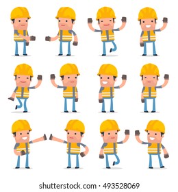 Set of Funny and Cheerful Character Incompetent Builder welcomes poses for using in presentations, etc.