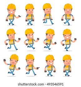 Set of Funny and Cheerful Character Incompetent Builder goes and runs poses for using in presentations, etc.