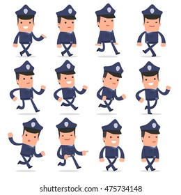 Set of Funny and Cheerful Character Officer goes and runs poses for using in presentations, etc.