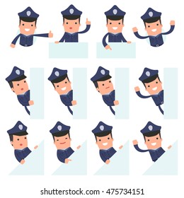 Set of Funny and Cheerful Character Officer holds and interacts with blank forms or objects for using in presentations, etc.