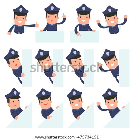 Set of Funny and Cheerful Character Officer holds and interacts with blank forms or objects for using in presentations, etc.
