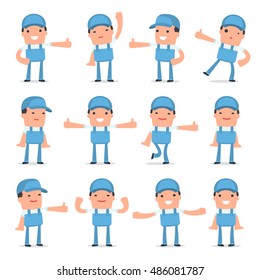 Set of Funny and Cheerful Character Repairman showing thumb up as a symbol of approval for using in presentations, etc.