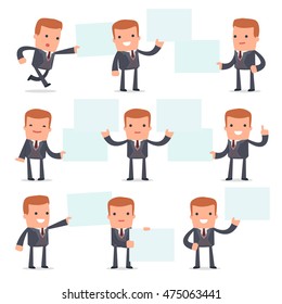 Set of Funny and Cheerful Character Rich man holds and interacts with blank forms or objects for using in presentations, etc.