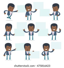 Set of Funny and Cheerful Character Startup entrepreneur holds and interacts with blank forms or objects for using in presentations, etc.