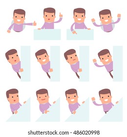 Set of Funny and Cheerful Character Stylist holds and interacts with blank forms or objects for using in presentations, etc.