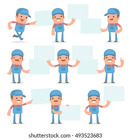 Set of Funny and Cheerful Character Technician holds and interacts with blank forms or objects for using in presentations, etc.