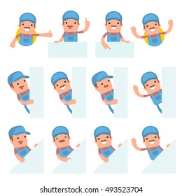 Set of Funny and Cheerful Character Technician holds and interacts with blank forms or objects for using in presentations, etc.