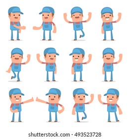 Set of Funny and Cheerful Character Technician welcomes poses for using in presentations, etc.