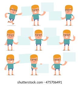 Set of Funny and Cheerful Character Teenager holds and interacts with blank forms or objects for using in presentations, etc.