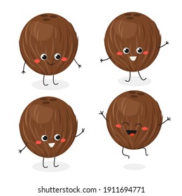 Set of funny cheerful coconut cartoon mascot in flat style. Vector illustration isolated on white background 