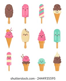 Set of funny cheerful, friendly ice cream characters. Sweet kawaii smiling summer delicacy, tasty colorful sundaes, gelatos with different tastes in cones. Vector illustration.