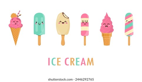 Set of funny cheerful, friendly ice cream characters. Sweet kawaii smiling summer delicacy, tasty colorful sundaes, gelatos with different tastes in cones. Vector illustration.