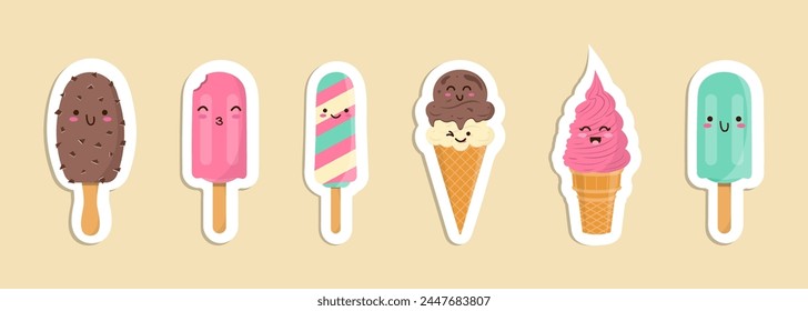 Set of funny cheerful, friendly ice cream characters. Sweet kawaii smiling summer delicacy, tasty colorful sundaes, gelatos with different tastes in cones. Vector illustration.