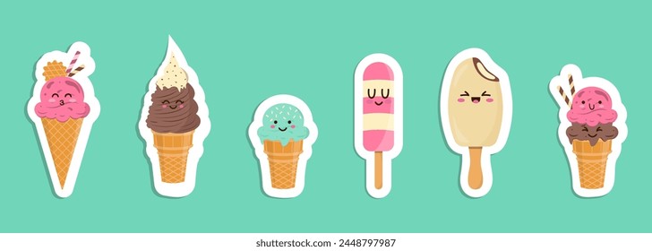 Conjunto de personajes divertidos, alegres y amistosos de helados. Dulce kawaii sonriente delicadeza de verano, sabrosos sundaes coloridos, gelatos con diferentes gustos en conos. Ilustración vectorial.