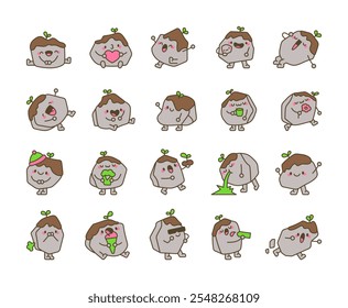 Set of funny and cheerful rock characters with kawaii cute cartoon faces for joyful creative playful happy emotions and expressive charming illustrations