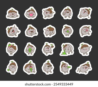 Set of funny and cheerful rock characters with kawaii cute cartoon faces for joyful creative playful happy emotions and expressive charming illustrations