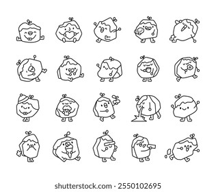 Set lustiger und fröhlicher Rockfiguren mit kawaii niedlichen Cartoon-Gesichtern für fröhliche kreative, verspielte, fröhliche Emotionen und ausdrucksstarke, charmante Illustrationen